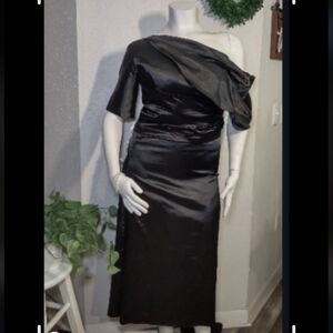 Black Satiny Soft One Shoulder Tea Length Dress Corset Back